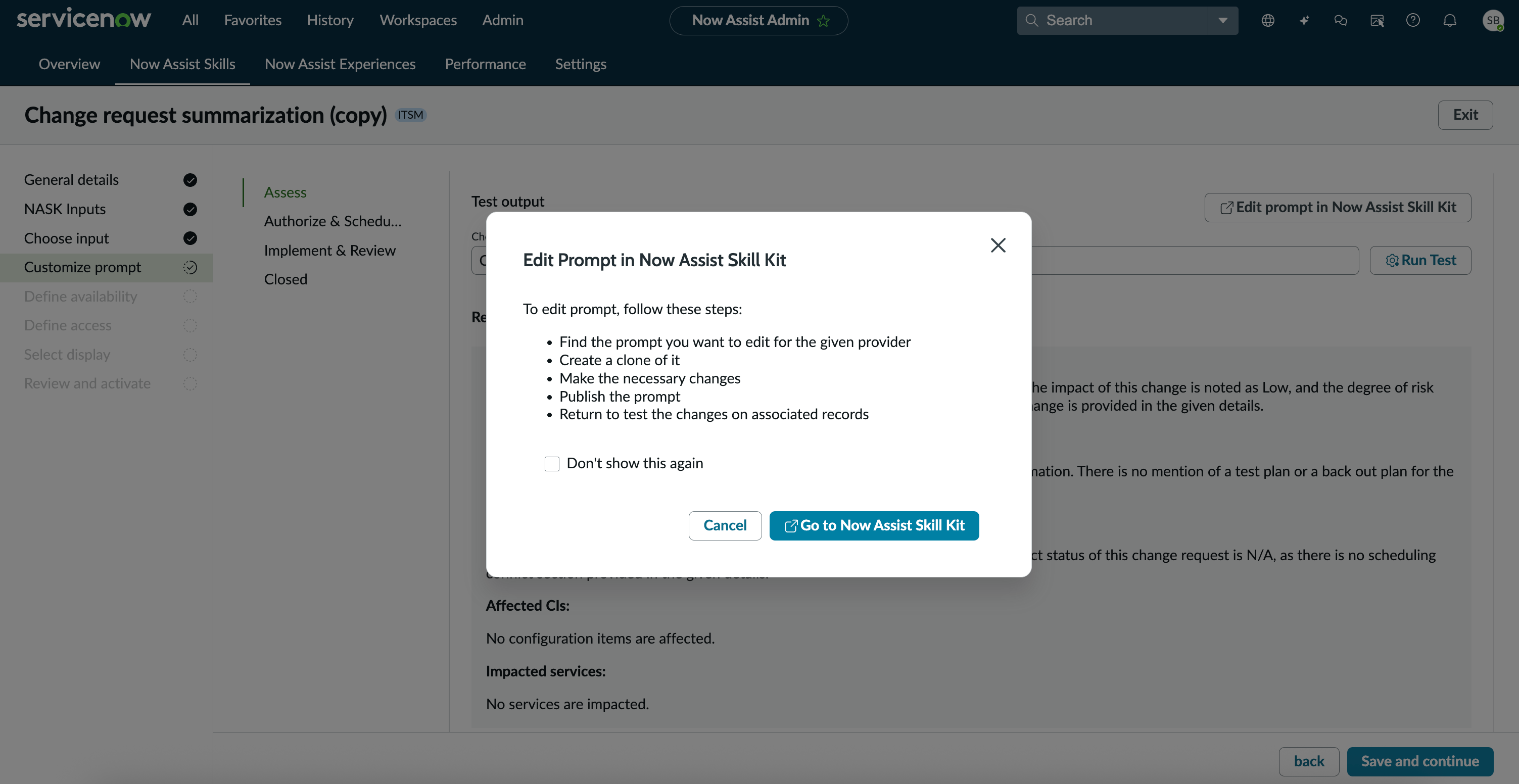 Edit prompt in Now Assist Skill Kit