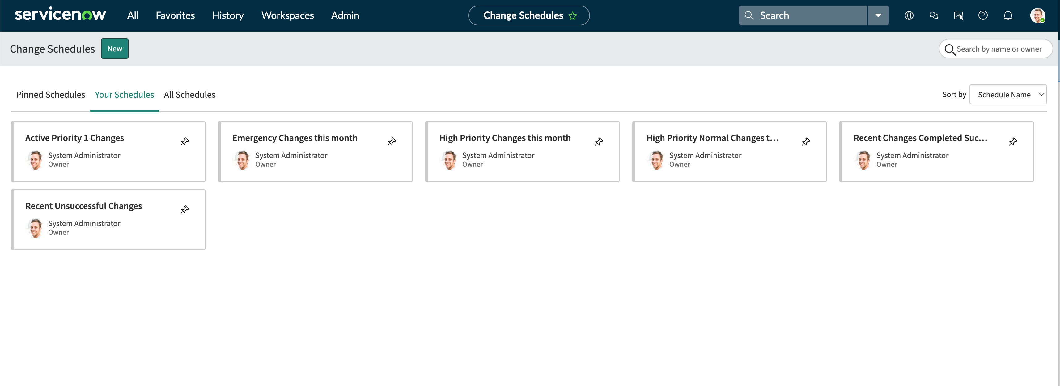 Change schedules landing page