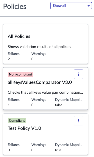 Policies panel on the Validation results tab of the Snapshot form lists execution results.