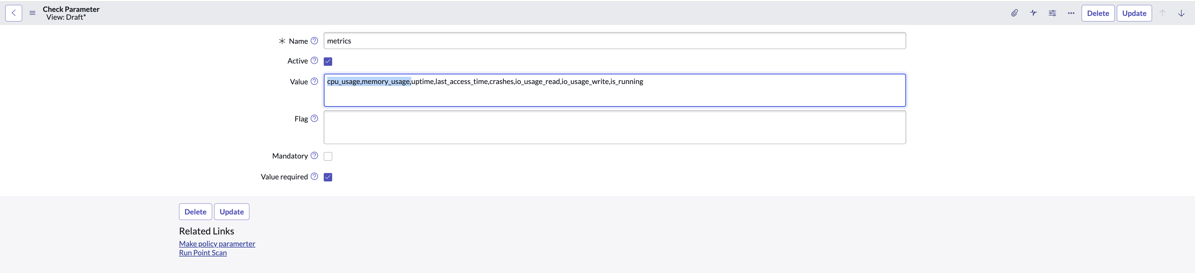 Check Parameter form with the metrics value being updated
