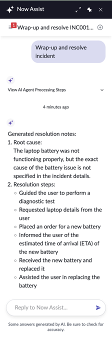 Wrap-up and resolve incident agentic workflow resolution notes generation output in the Now Assist panel.