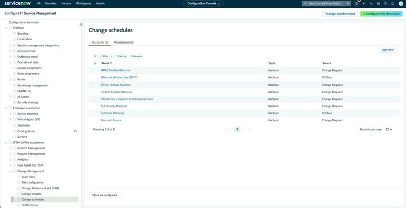 Change schedules configuration page