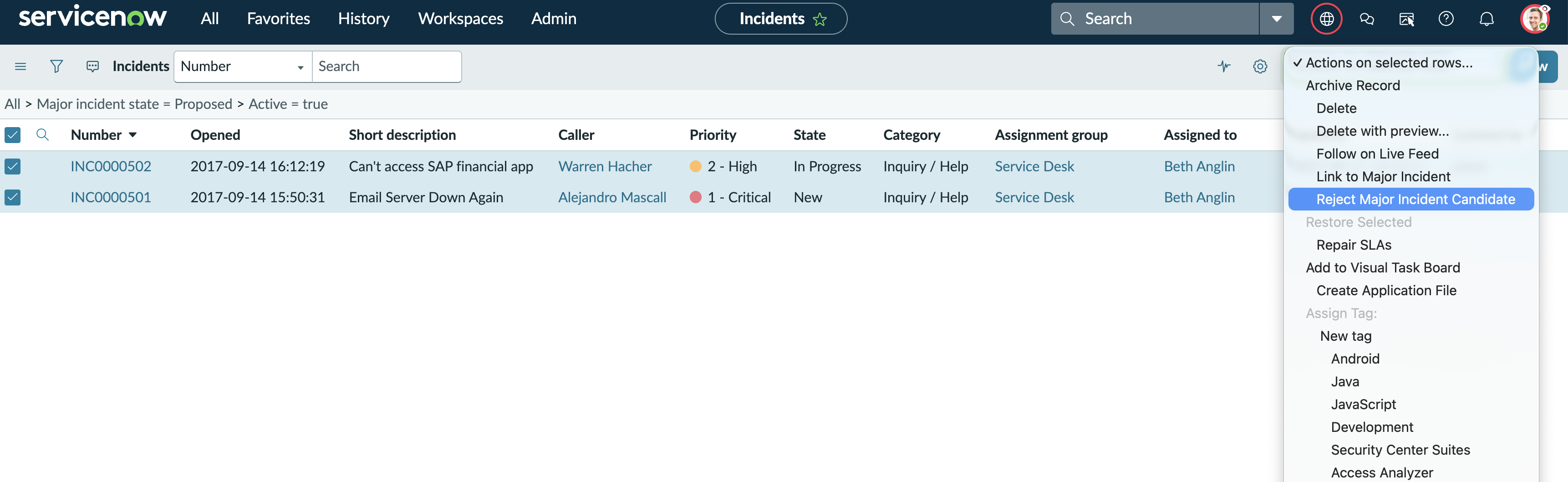 reject major incident candidate