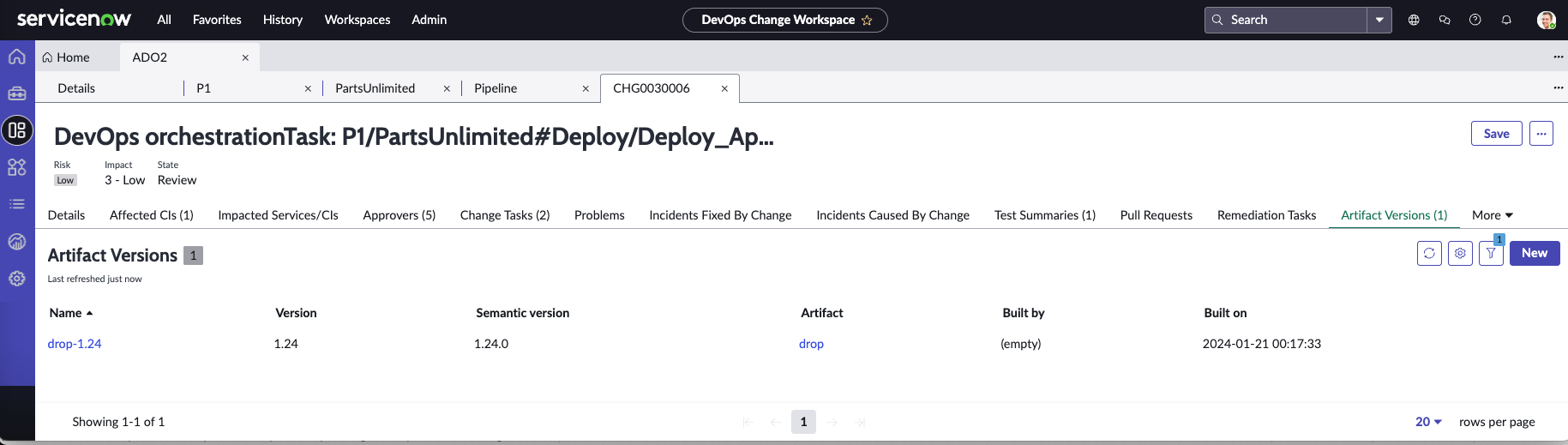 DevOps artifact version list.