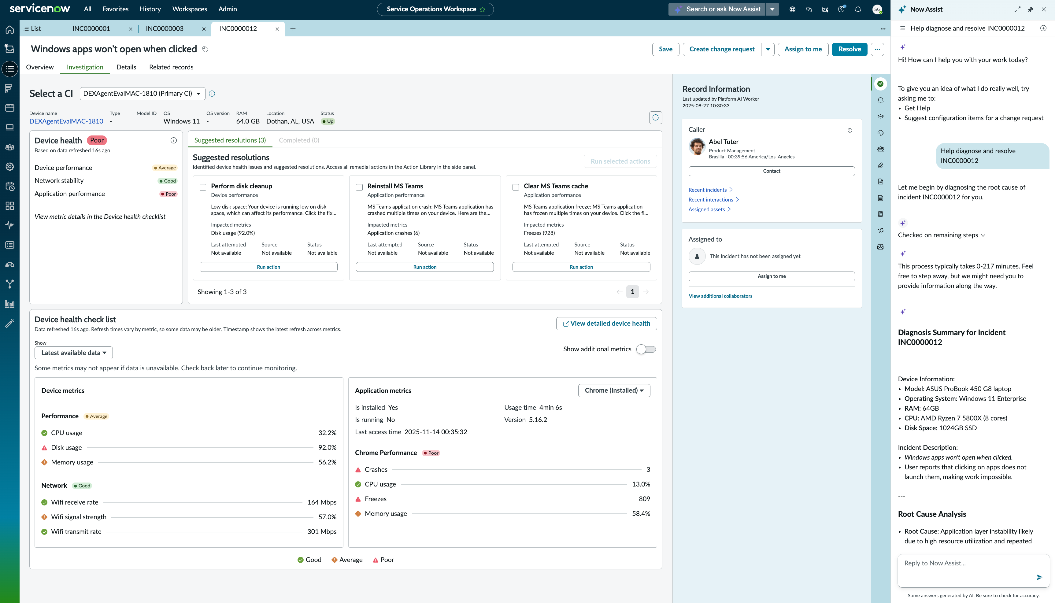 DEX issue diagnosis and resolution agentic workflow output in Now Assist panel within the Service Operations Workspace