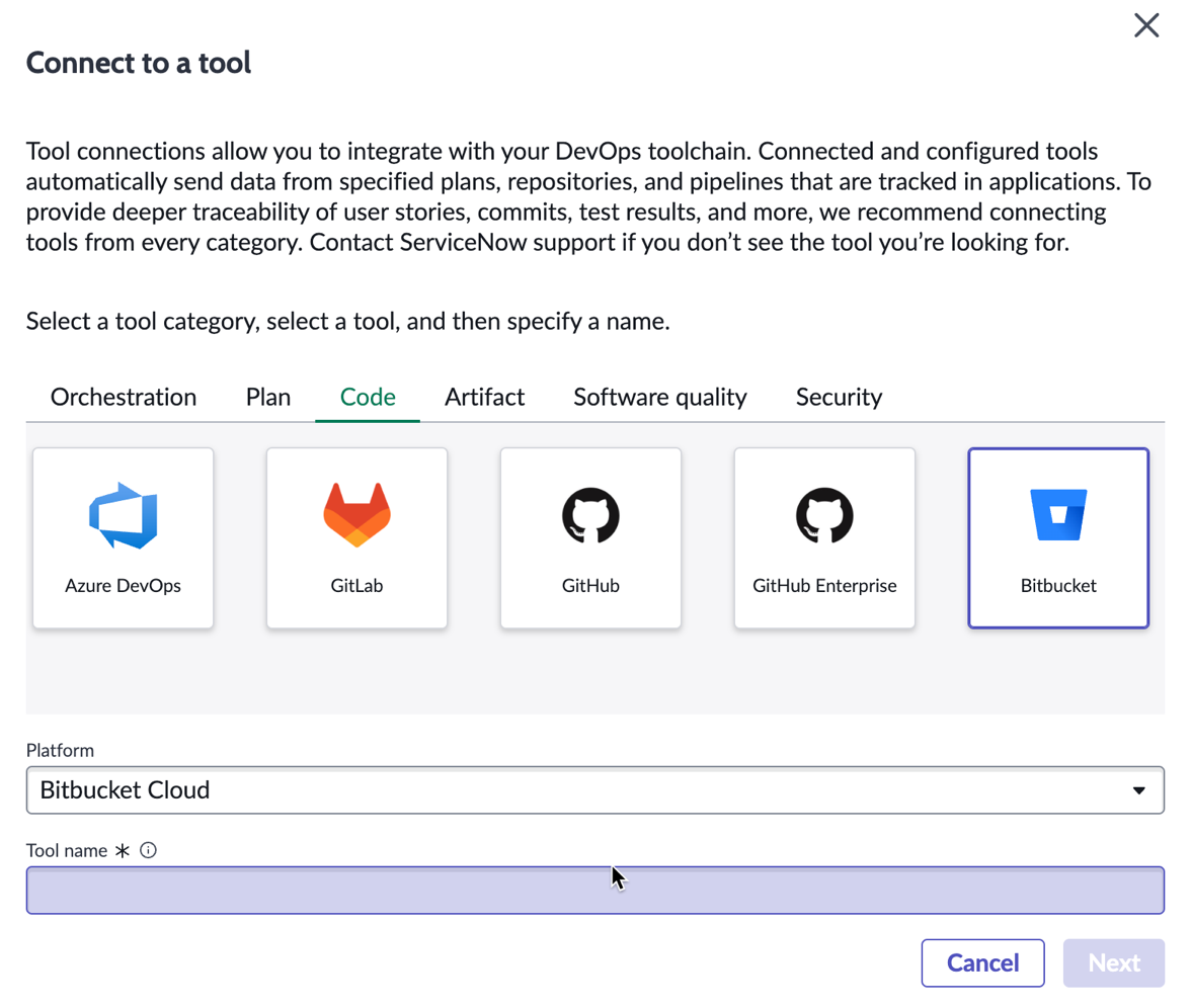 Connect to the Bitbucket tool screen