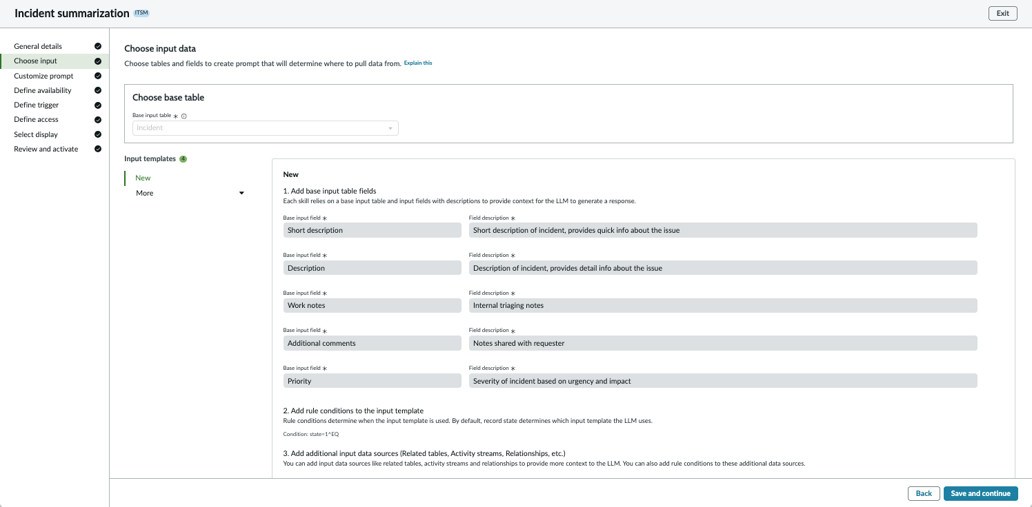 Choose input data screen that contains the input tables and fields to define the prompt.