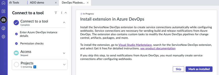 Install the ServiceNow DevOps extension.