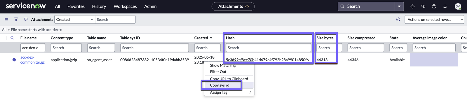 Attachments table with the acc-dex-common.tar.gz record