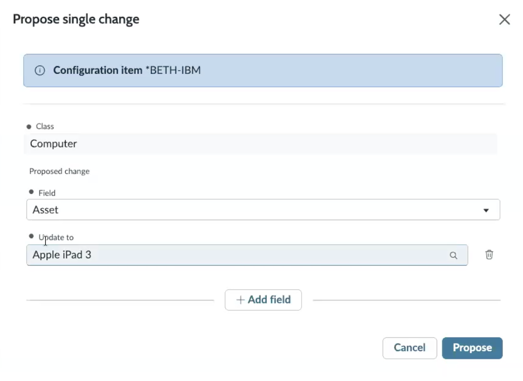 Propose single change dialog with the Class set to Computer, the Field set to Asset, and Update to set to Apple iPad 3.