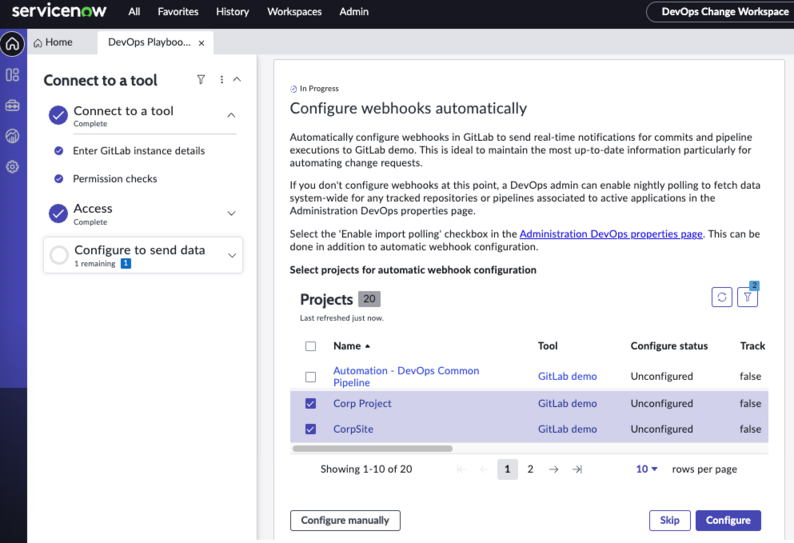 Connect to the Gitlab tool - configure screen