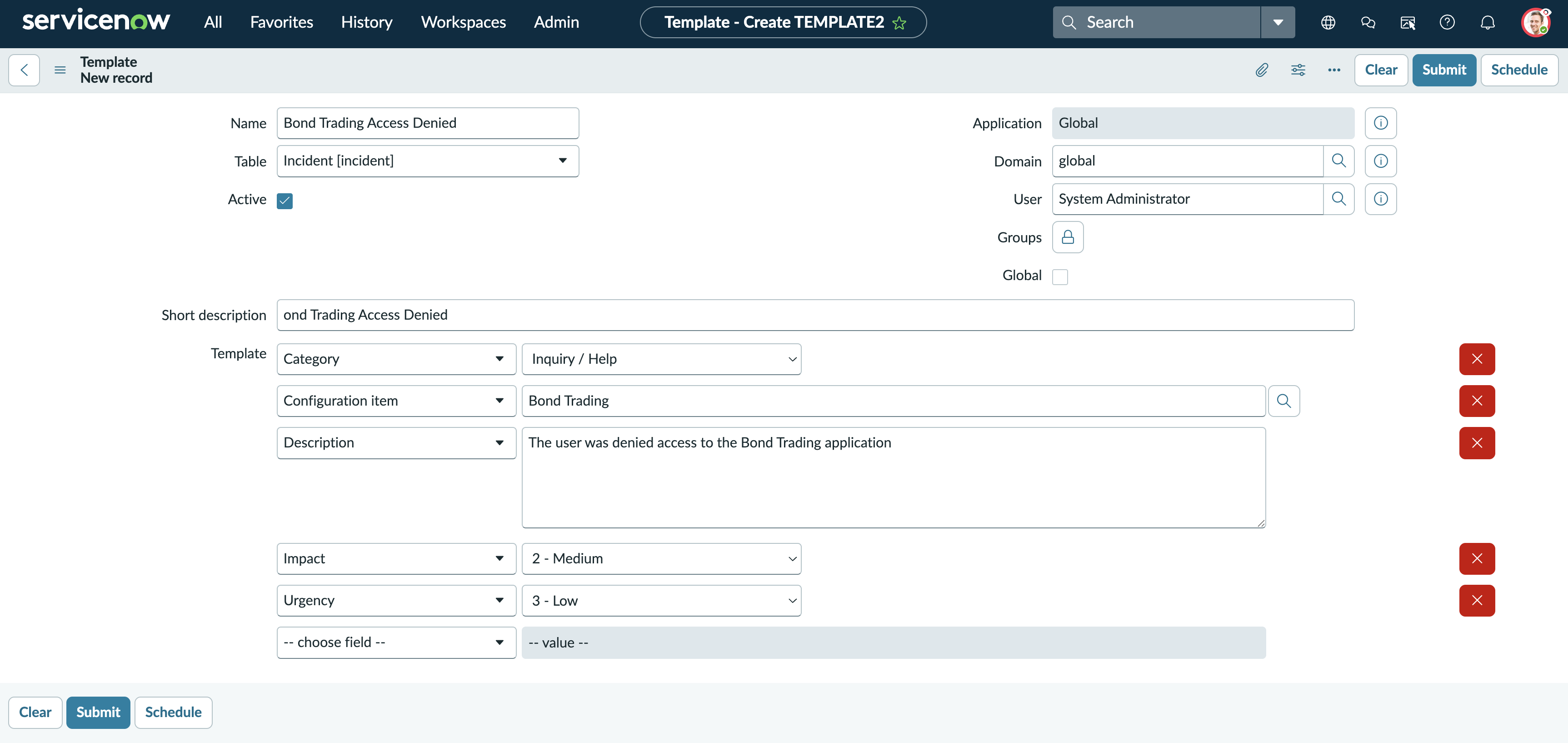 Incident template to log incident when access is denied to the Bond Trading application