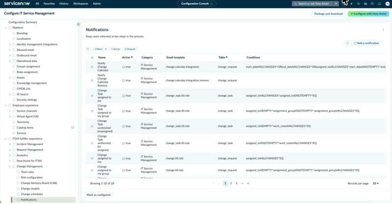 Notifications configuration page