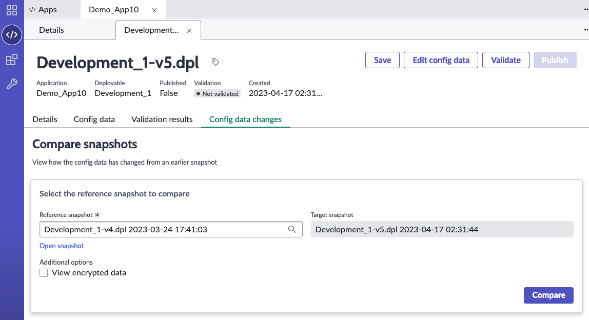 Compare config data tab for comparing application snapshots.