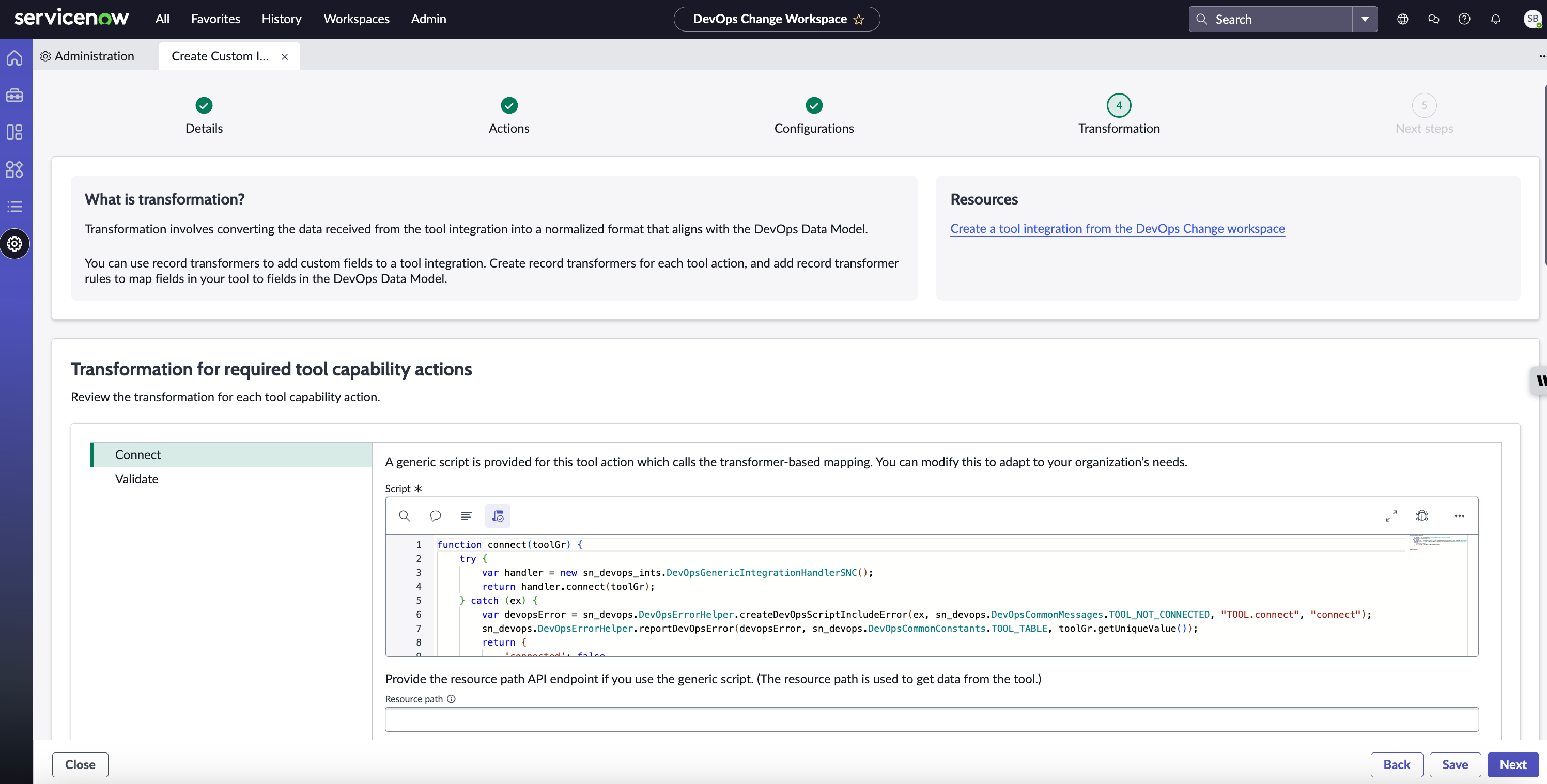 Transformation step in tool integration creation
