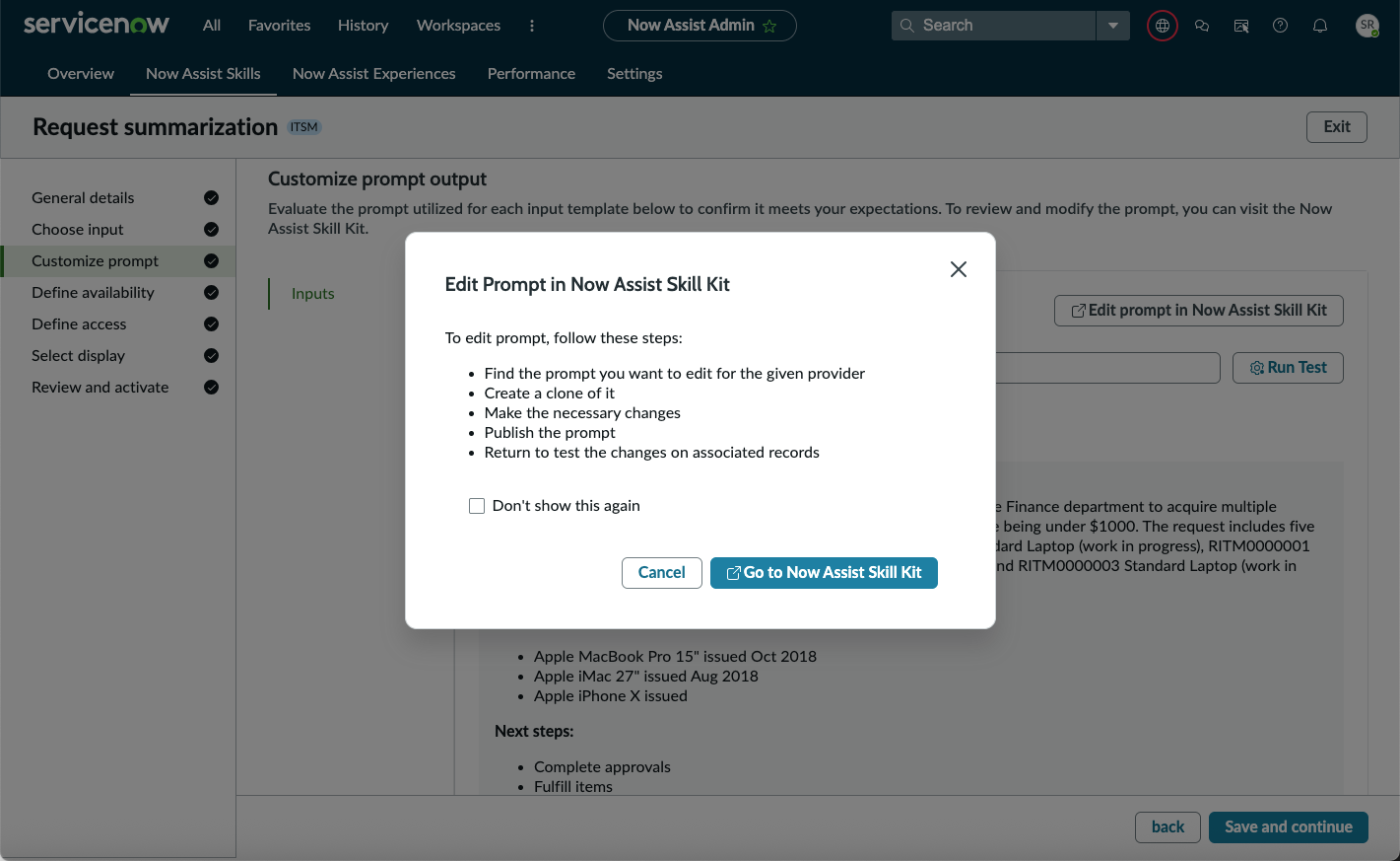 Edit prompt screen to modify prompts in the Now Assist Skill Kit.
