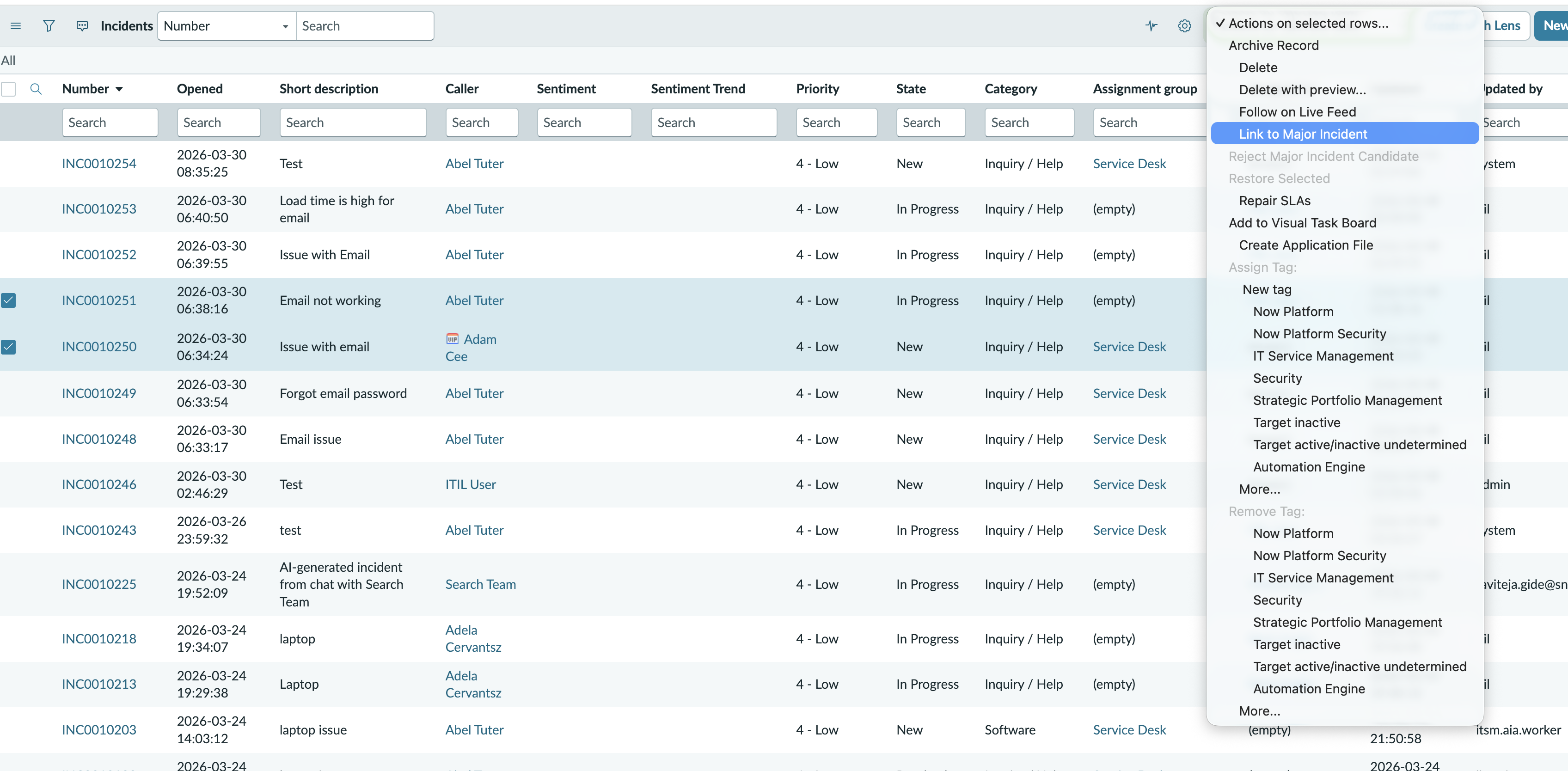 Associate multiple incidents with a major incident