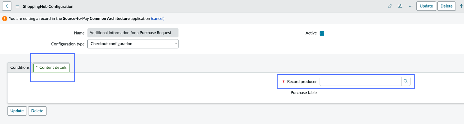 ShoppingHub Configuration page showing the Content details tab and Record producer field.