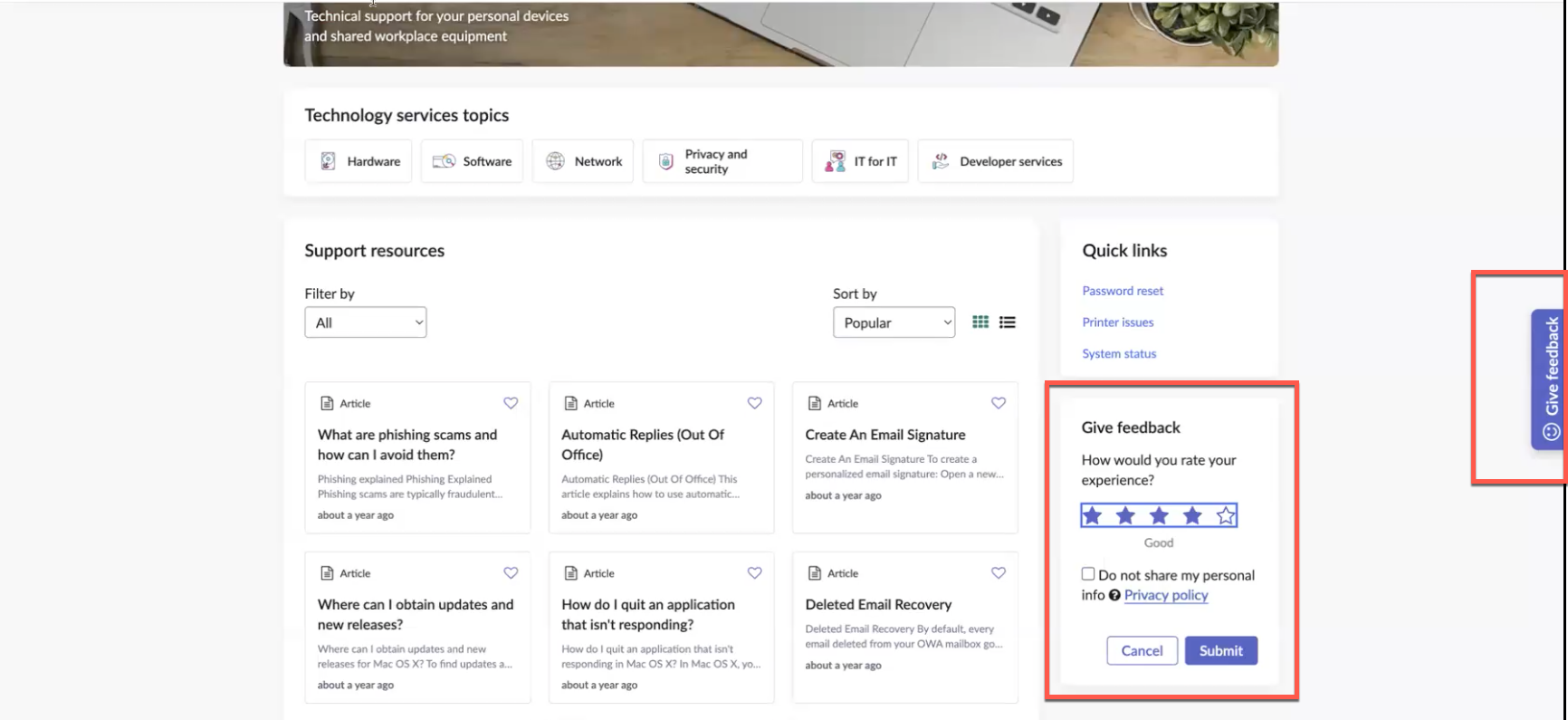 In-Page- und Drawer-Feedback-Widgets auf der Employee Center-Portalseite.
