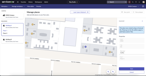 Ausgewählter Ort in Map Studio, der die in Autocad erstellte Nachricht anzeigt.