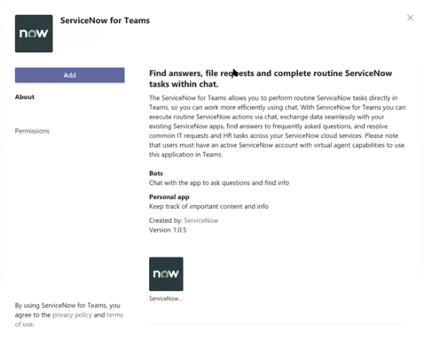App ServiceNow for Teams in Microsoft Teams.