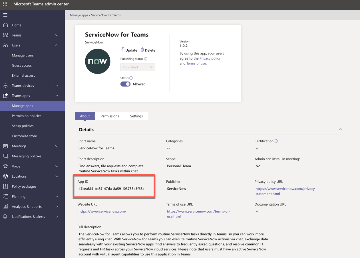 Wert der App-ID für ServiceNow for Teams