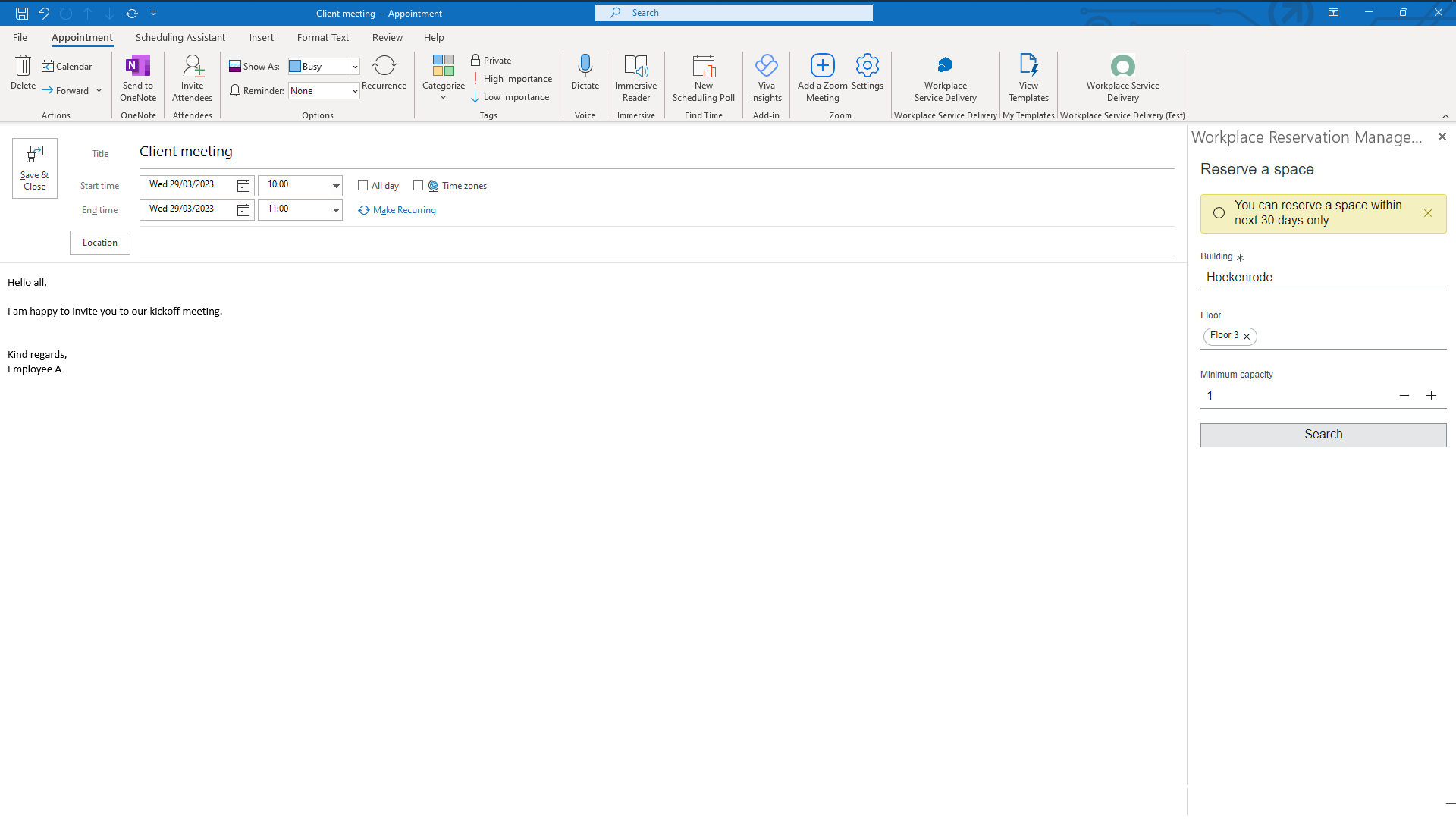 Add-in für Arbeitsplatzreservierungen in Microsoft Outlook.