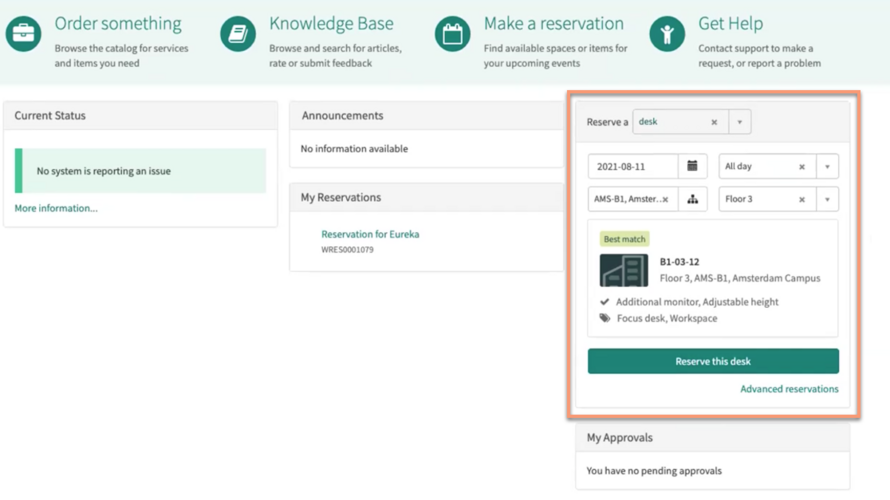 Reservierungs-Widget im Workplace Service Portal.