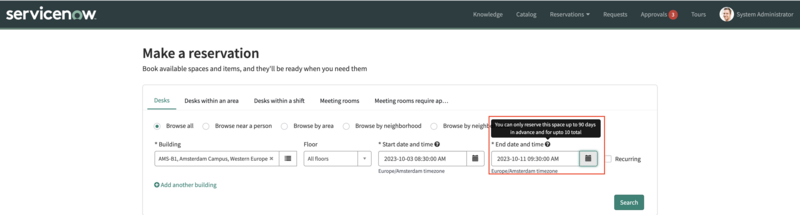 Tooltip-Text für Enddatum und -uhrzeit bei einer Reservierung, der die Anzahl der Tage angibt, für die eine mehrtägige Reservierung vorgenommen werden kann.