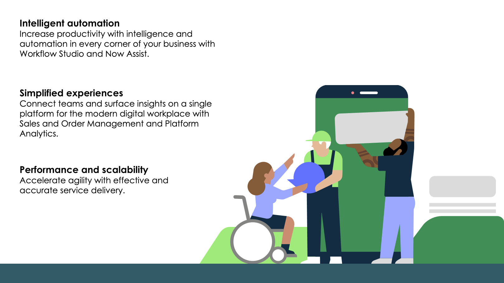 Augmentez la productivité grâce à l’intelligence et à l’automatisation. Connectez les équipes et obtenez des informations de surface sur une plateforme unique. Accélérez l’agilité grâce à une prestation de services efficace et précise.
