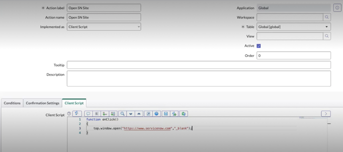 Configuração de ação de anexo para abrir o site ServiceNow