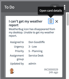 Cartão de quadro de tarefas com o botão Exibir detalhes do cartão habilitado e realçado