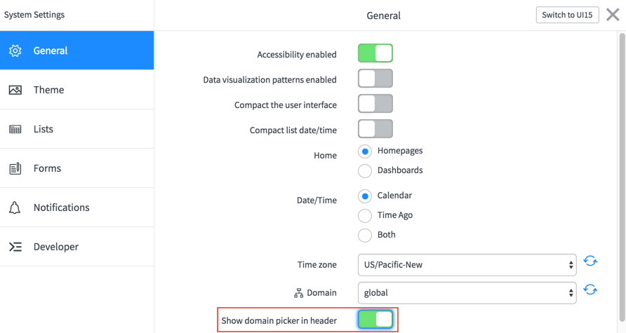 Habilitar a opção Seletor de domínio em Configurações do sistema