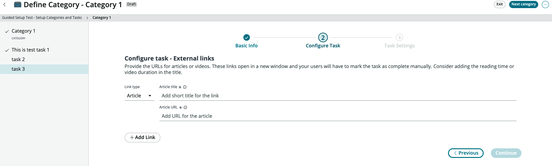 Tarefa de links externos da Configuração assistida