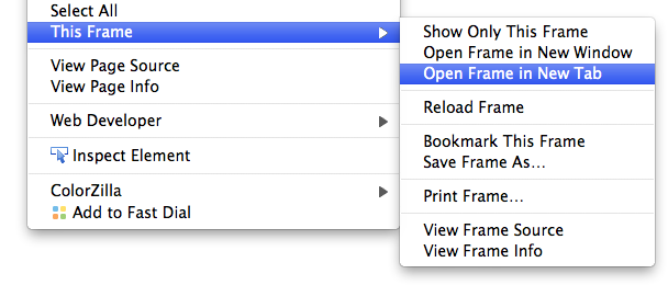 No Firefox, navegue até Este quadro, Abrir quadro em uma nova guia.