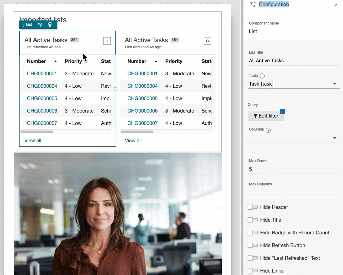 Configure componentes clicando neles