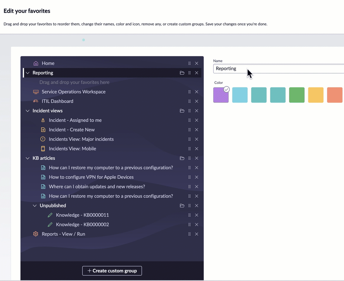 Arrastando um favorito para um novo grupo personalizado