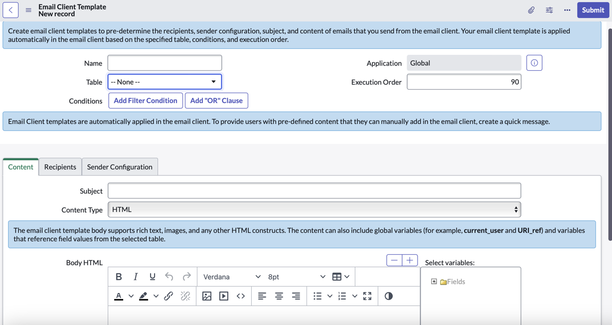 Nova configuração de modelo de e-mail