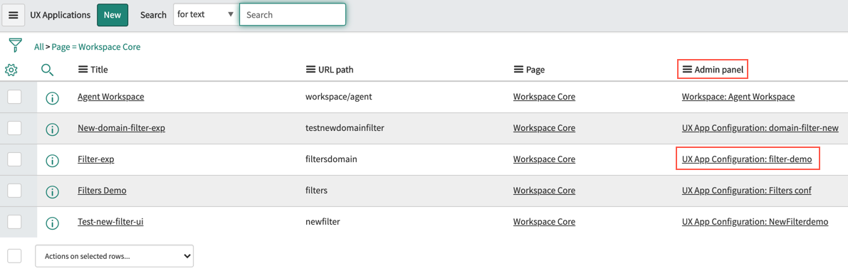 Lista de aplicações de UX com o título do painel do administrador e a entrada do painel do administrador para a aplicação de exp do filtro realçado