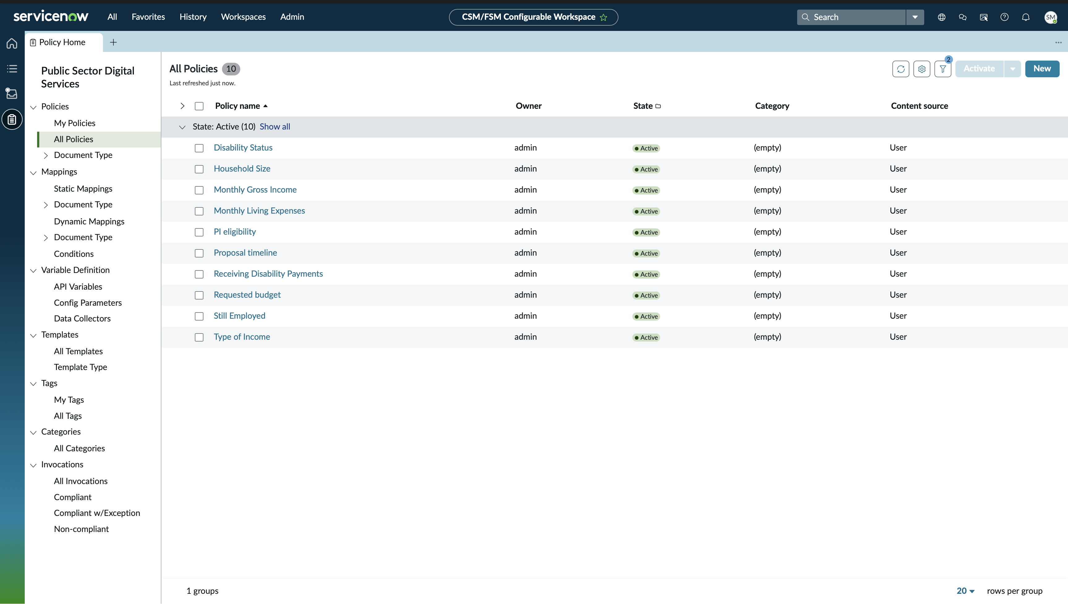 Admin view of Policy Home on CSM Configurable Workspace