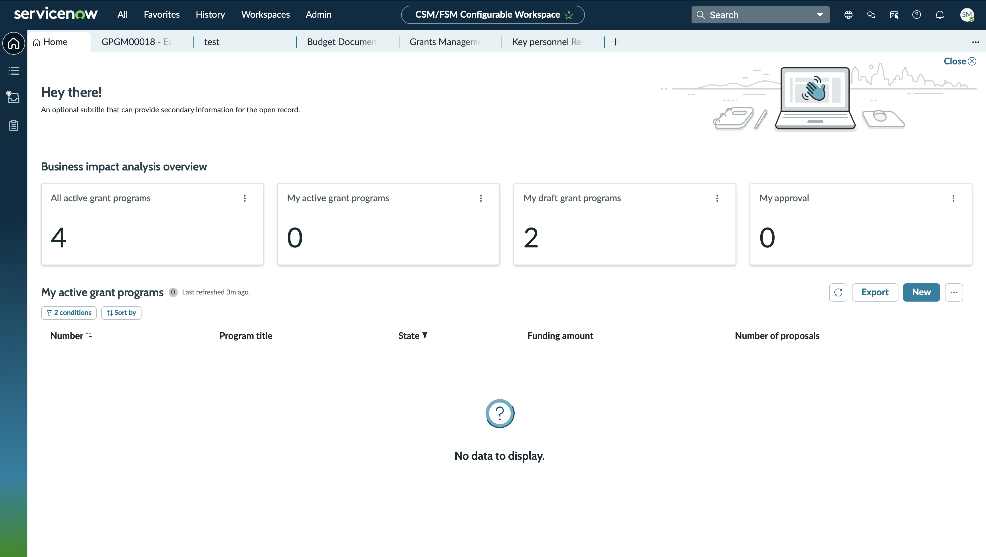 grants management landing page view for agents or managers