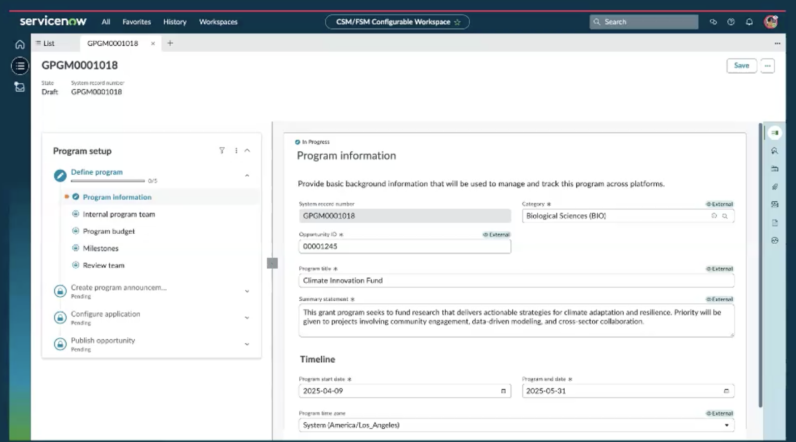 grants program setup view