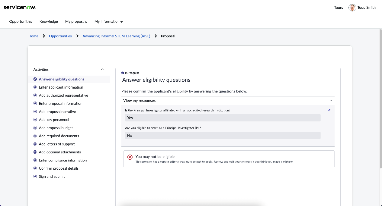 pre-eligbility questions view