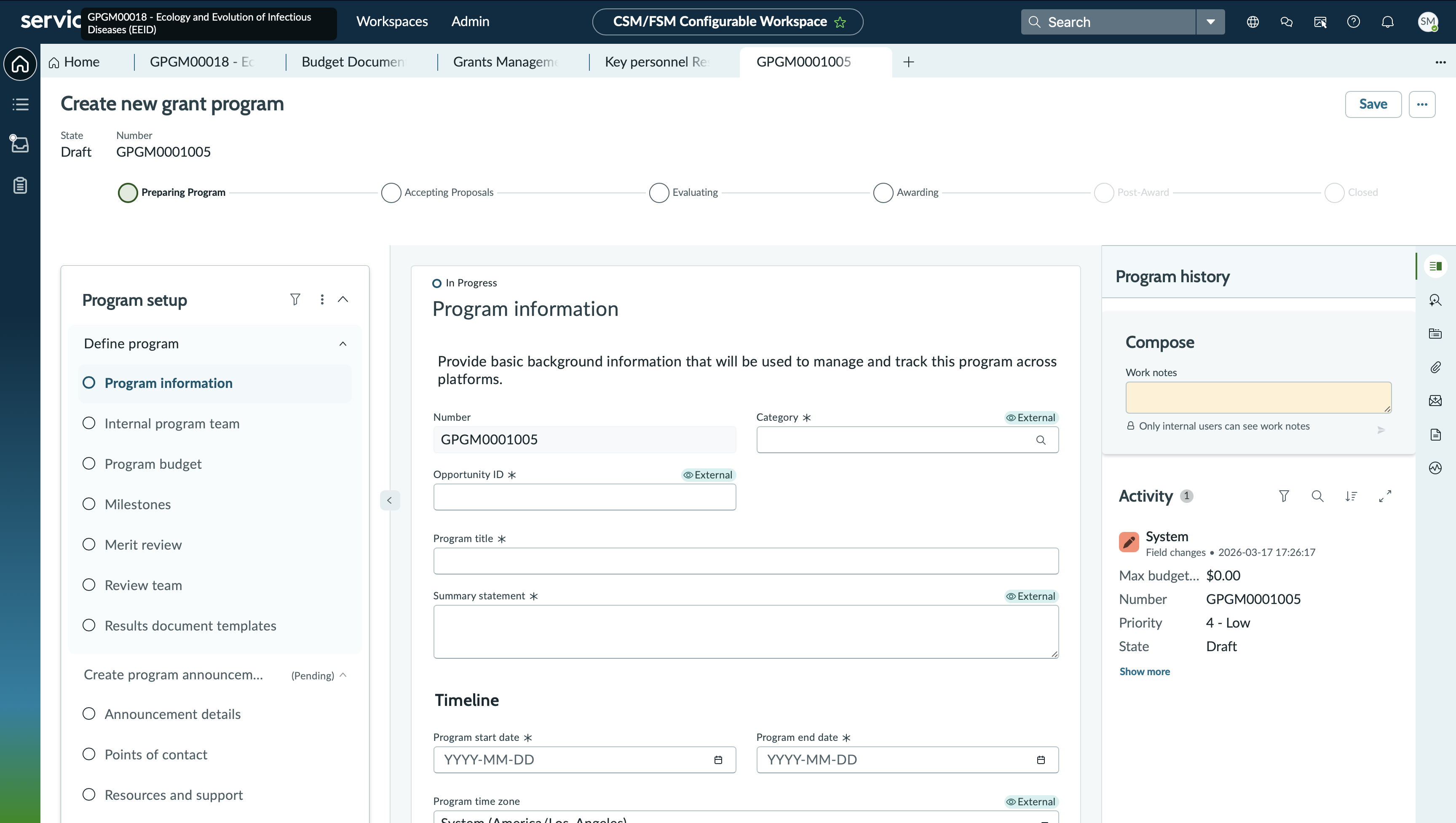 grant manager create grants program view