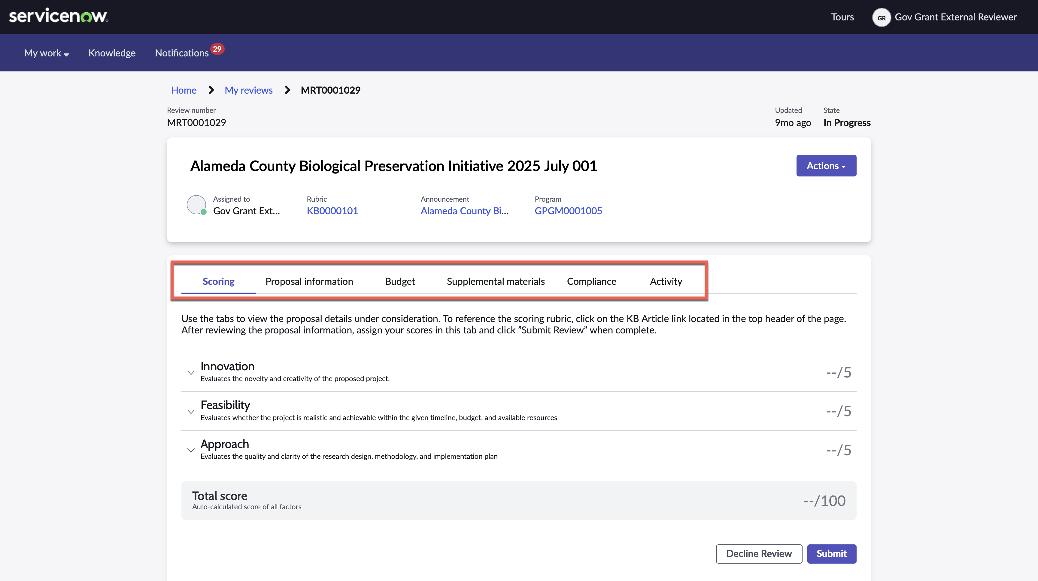 Proposal tabs in Reviewer Service Portal