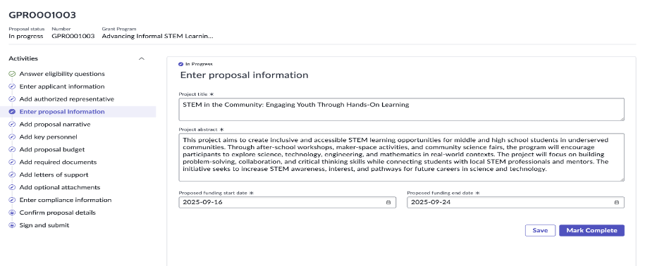 Enter proposal information view