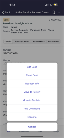 List of actions for a service request case.