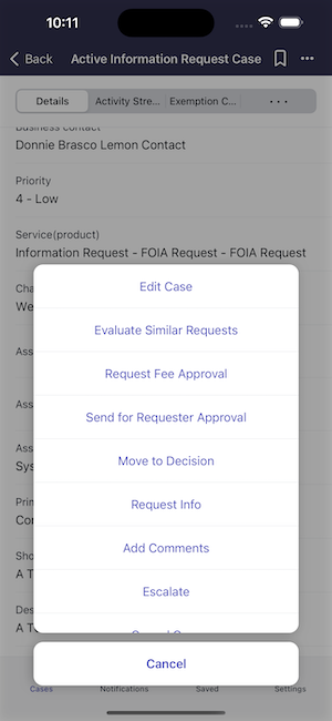 List of actions for an information request case.