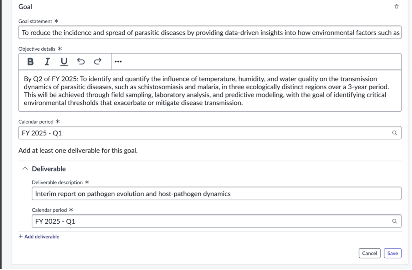 Deliverables and goals view