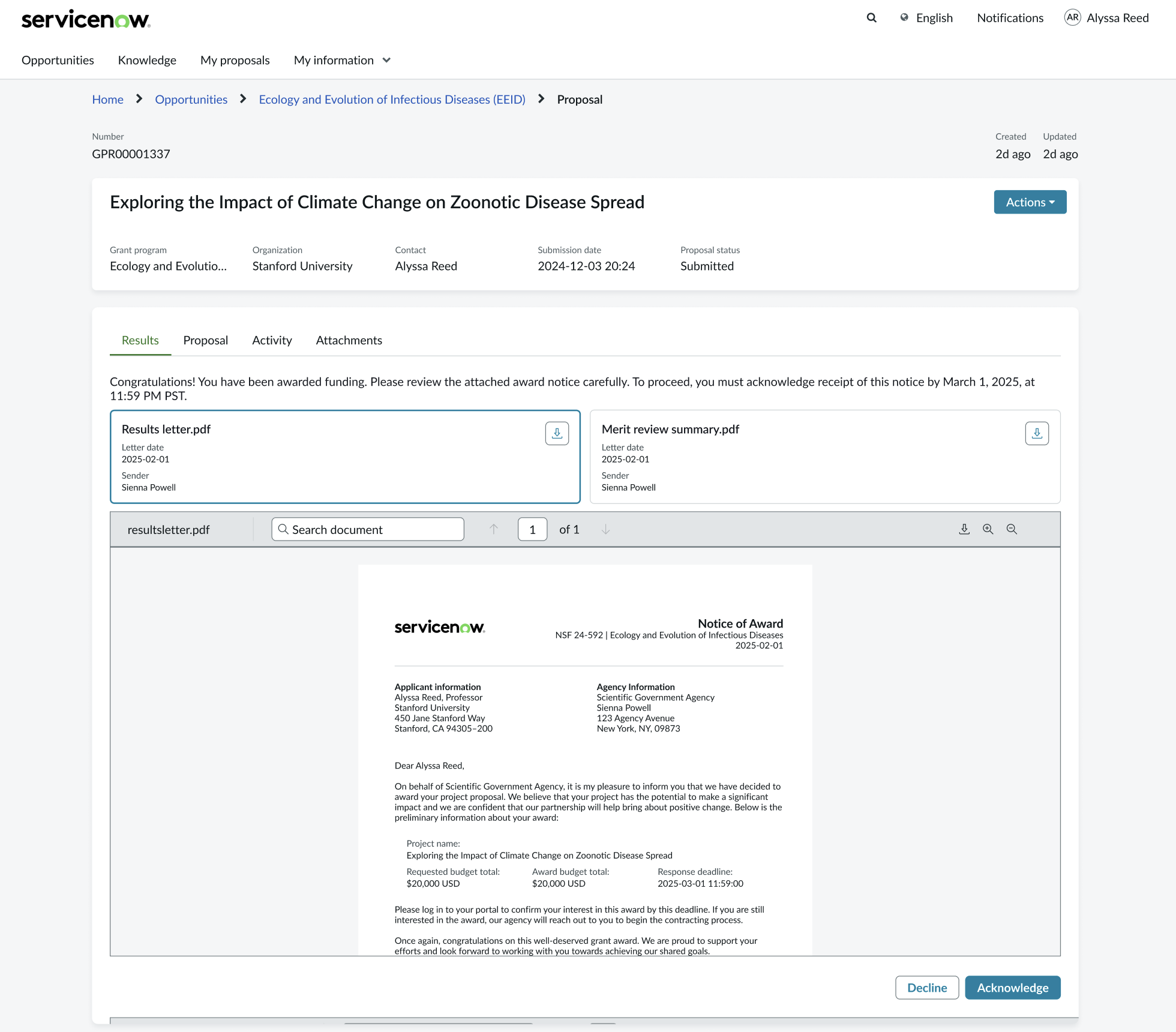 Grants Management Portal Results tab as viewed by the applicant.